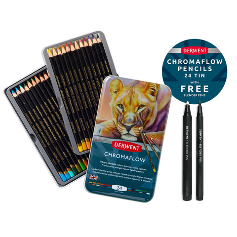 24 lápis de cor Chromaflow + Blender & Burnisher de presente - Derwent