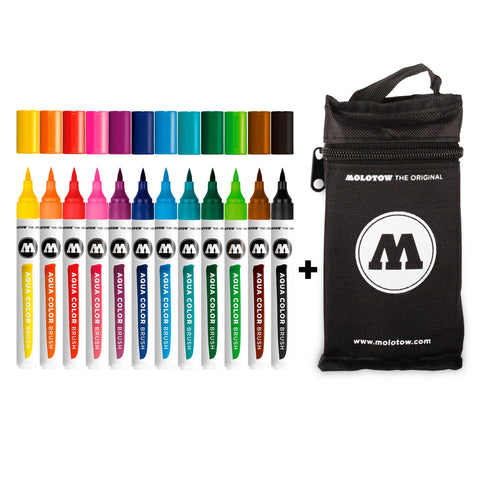 Conjunto de 12 marcadores de pincel Aqua color em cores básicas + estojo - Molotow