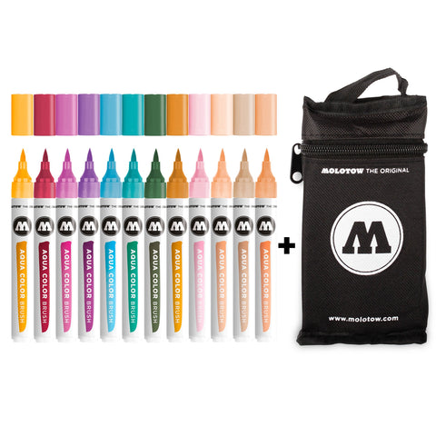 Conjunto de 12 marcadores de pincel Aqua color em várias cores + estojo - Molotow