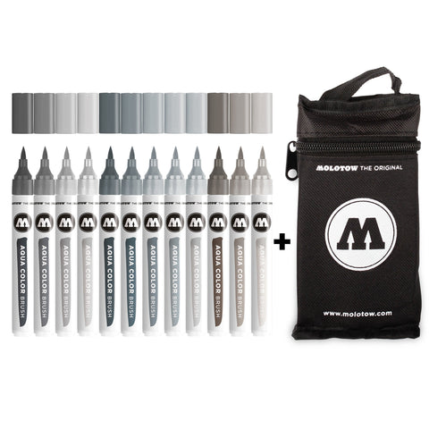 Conjunto de 12 marcadores de pincel Aqua cinza + estojo - Molotow