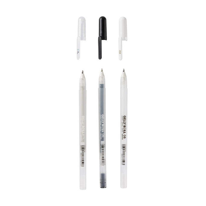 Conjunto de 3 canetas gel metálicas Gelly roll - Sakura Preta. Branca e Brilhante