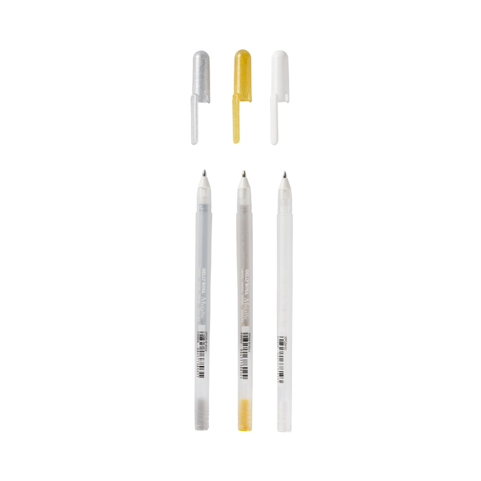 Conjunto de 3 canetas gel metálicas Gelly roll douradas. prateadas e brancas