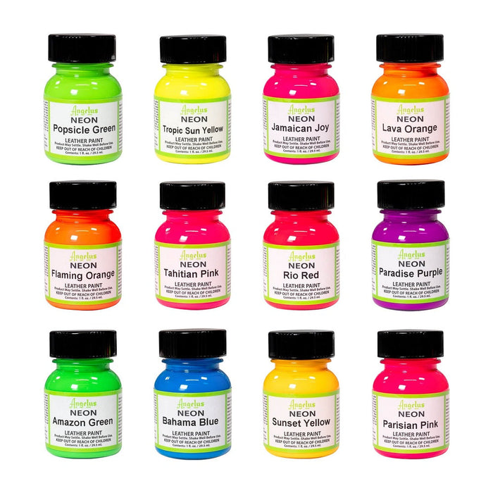Conjunto de 12 tintas acrílicas neon para couro Angelus