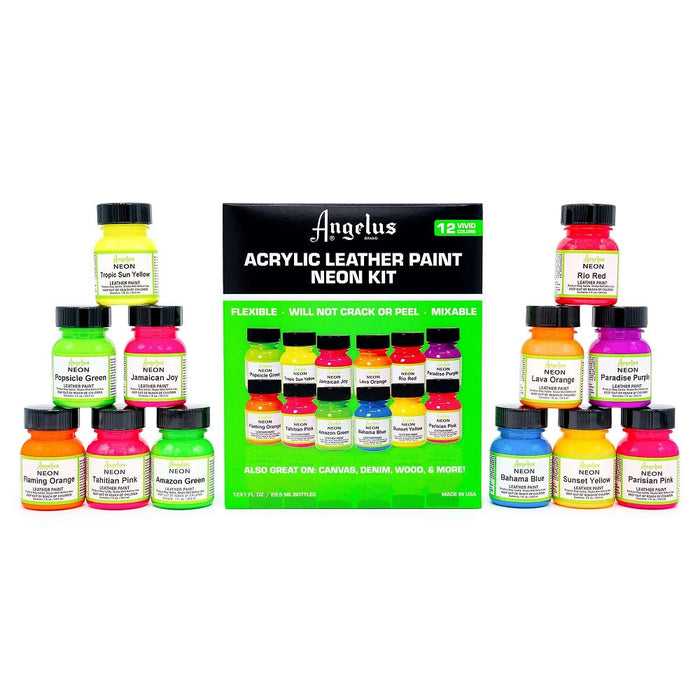 Conjunto de 12 tintas acrílicas neon para couro Angelus