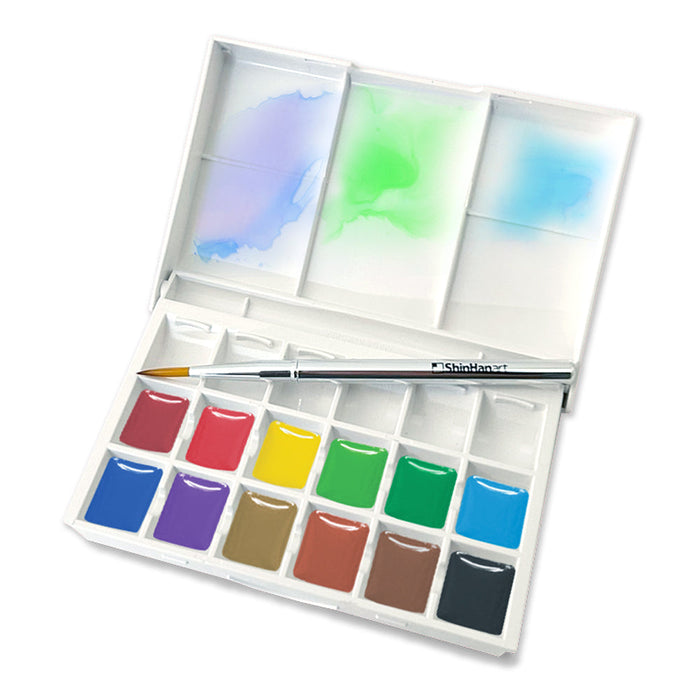 Conjunto de aquarela PWC ShinHan com 12 meias panelas + pincel de viagem