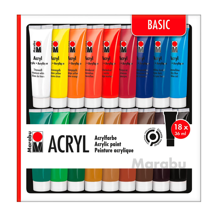 Conjunto básico de tinta acrílica Marabu 18 x 36 ml