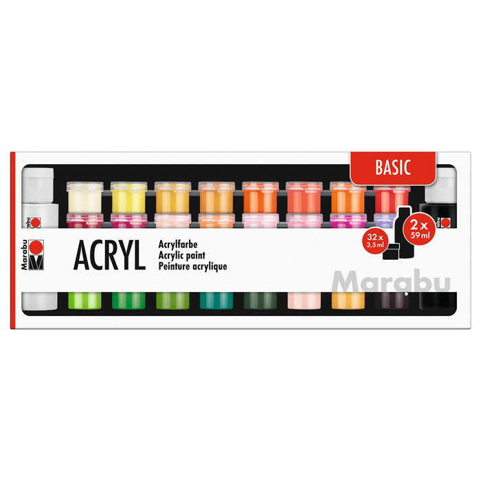 Conjunto de tinta acrílica cores básicas Marabu 32x3.5ml + 2x59ml