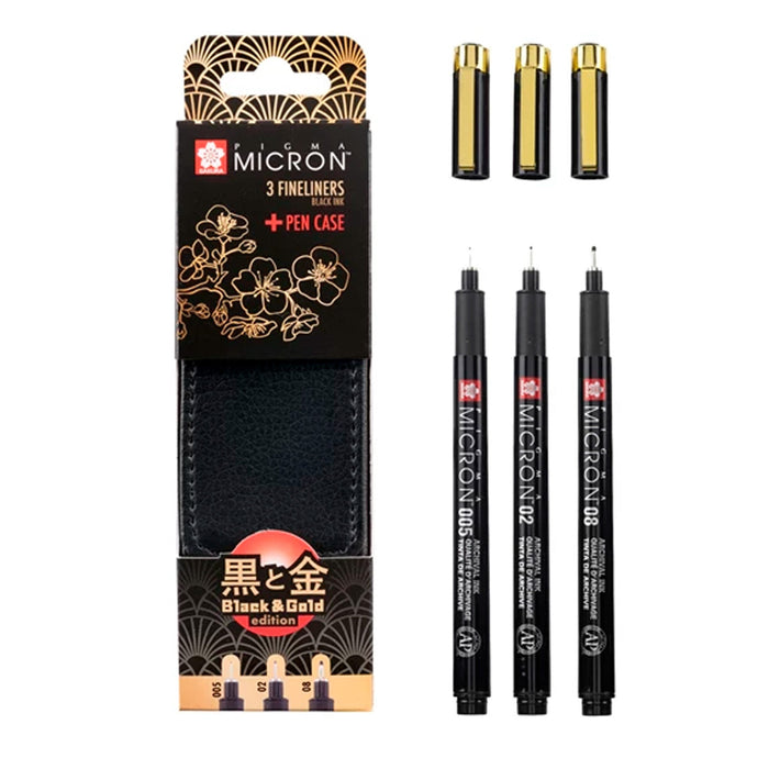 Estojo de couro sintético com 3 edição limitada Pigma Micron Black & Gold calibrados - Sakura