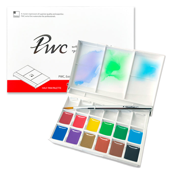 Conjunto de aquarela PWC ShinHan com 12 meias panelas + pincel de viagem